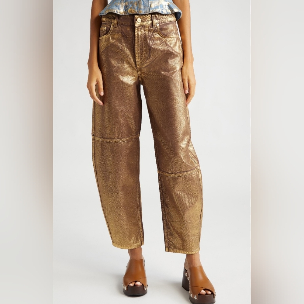 GANNI METALLIC GOLD LANTERN JEAN 26 NWT